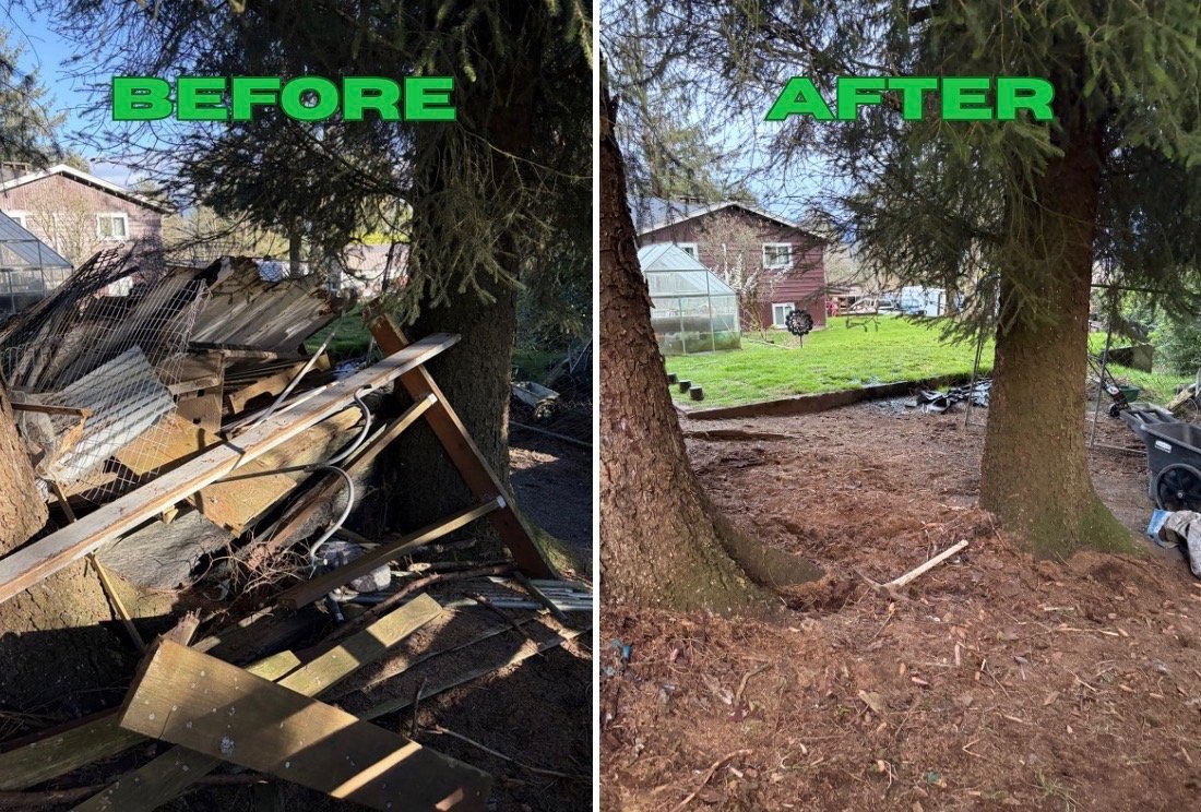 Before and after: scrap wood and metal pile removed from backyard